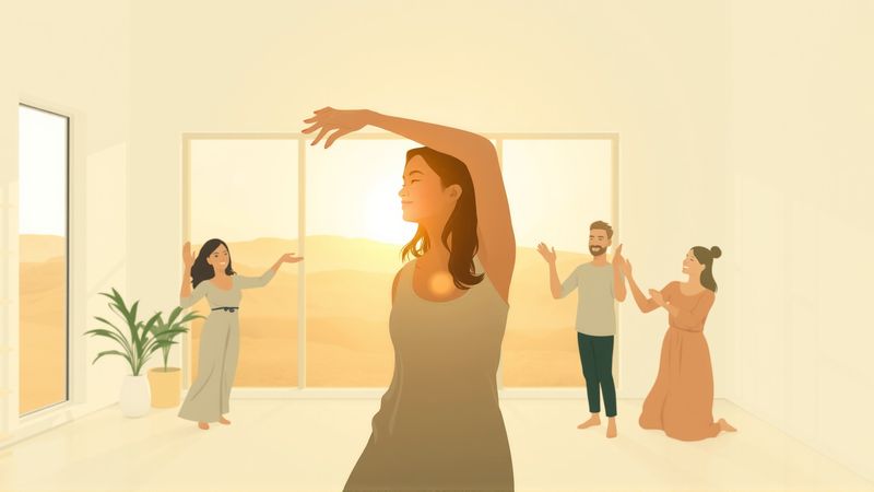 Mujer estirándose en luz cálida y bienestar