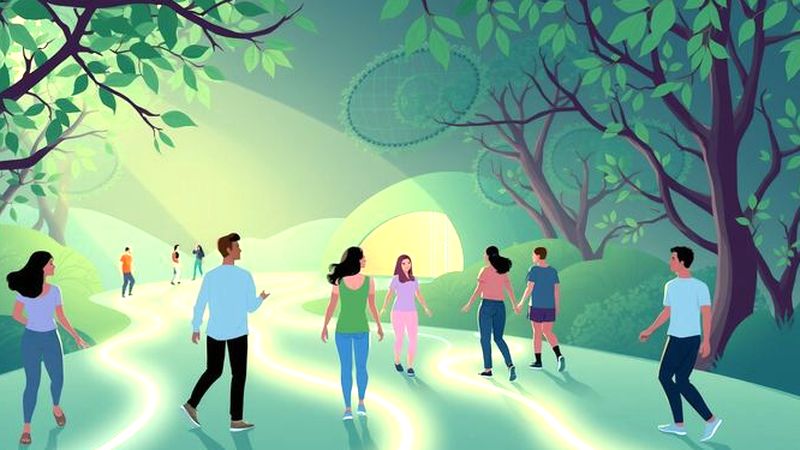 Personas exploran senderos luminosos hacia bienestar