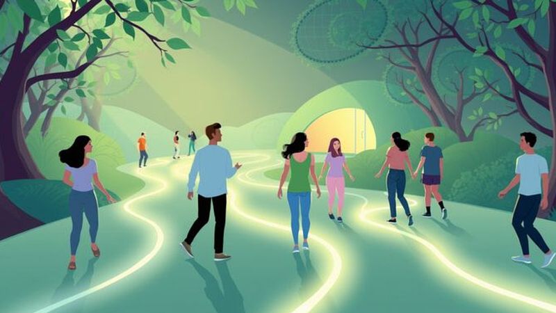 Personas exploran senderos luminosos hacia bienestar