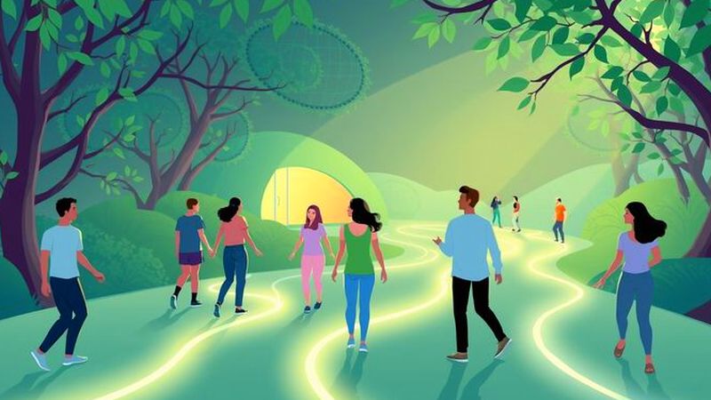 Personas exploran senderos luminosos hacia bienestar