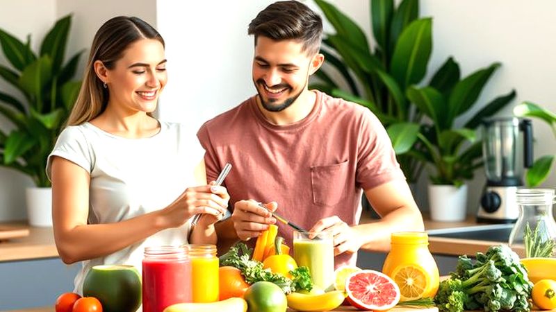 Una pareja prepara frutas saludables en casa