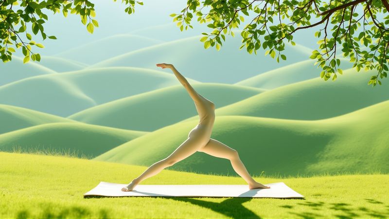Silueta flexible en paisaje sereno y azulado